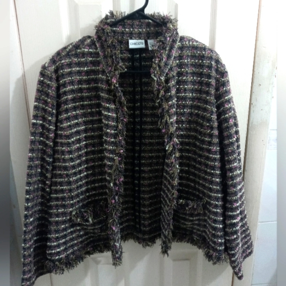 Chicos Multicolor Tweed Jacket Size 3 Open Front Lagenlook